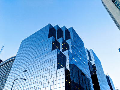 blue Skyscraper in city, corporate world, corporate America
